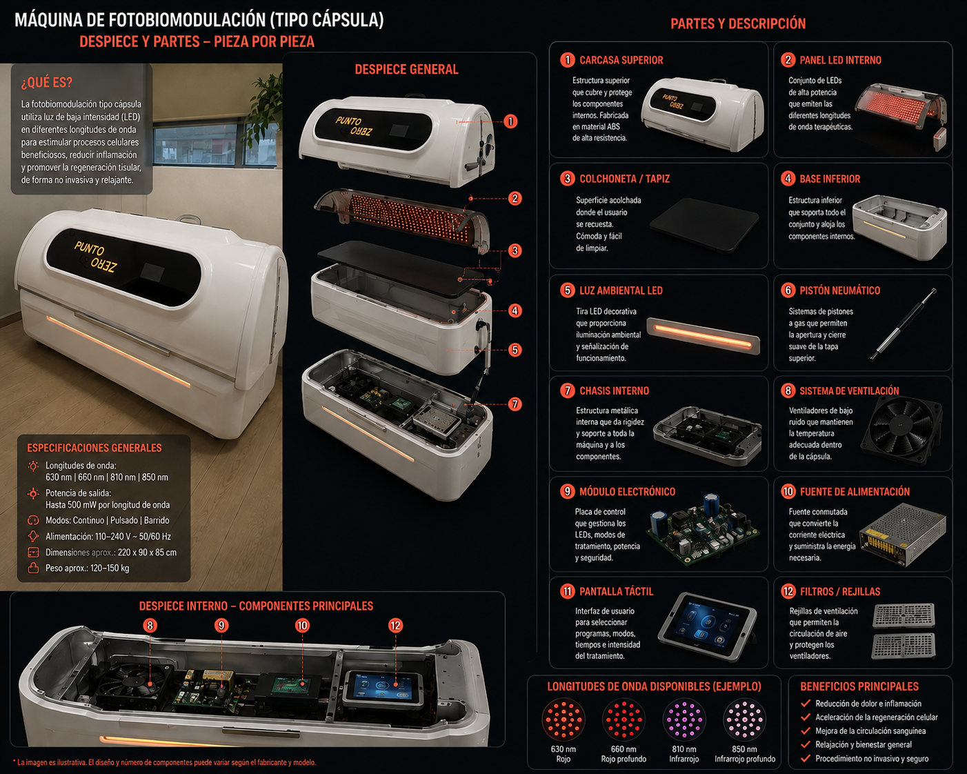 Infografía técnica de la máquina de fotobiomodulación tipo cápsula con despiece de sus partes: carcasa superior, panel LED interno, colchoneta, base inferior, ventilación, módulo electrónico y pantalla táctil